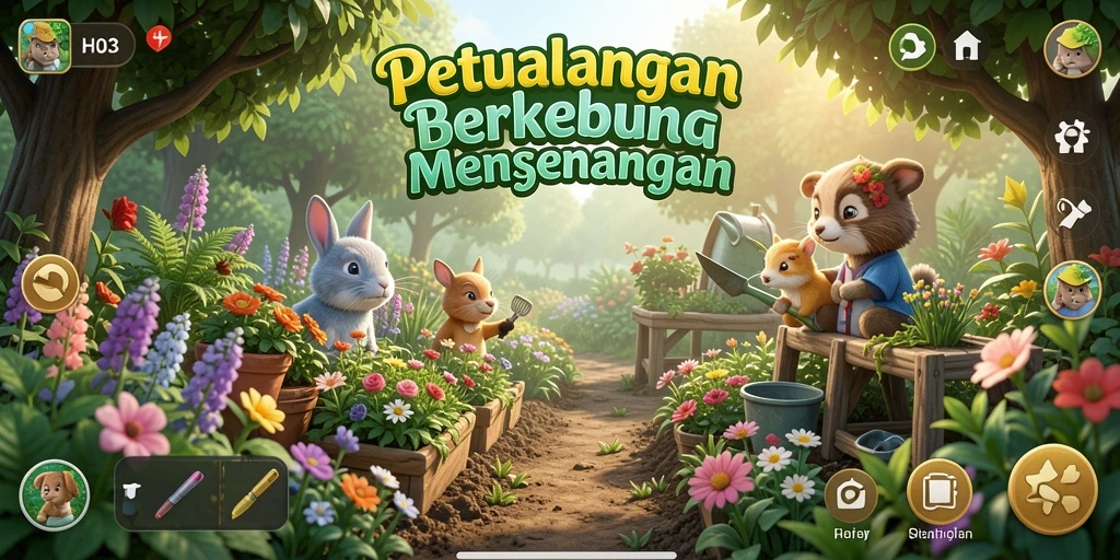 Screenshot utama H03 menampilkan aktivitas berkebun yang menyenangkan dan interaktif.