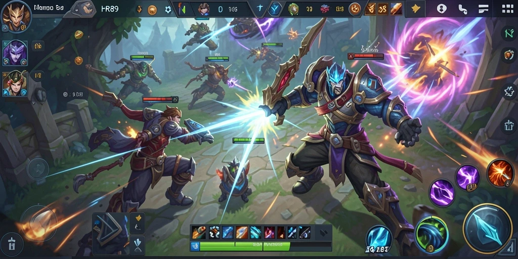 Screenshot HR89 menampilkan aksi pertempuran MOBA yang intens dan seru.