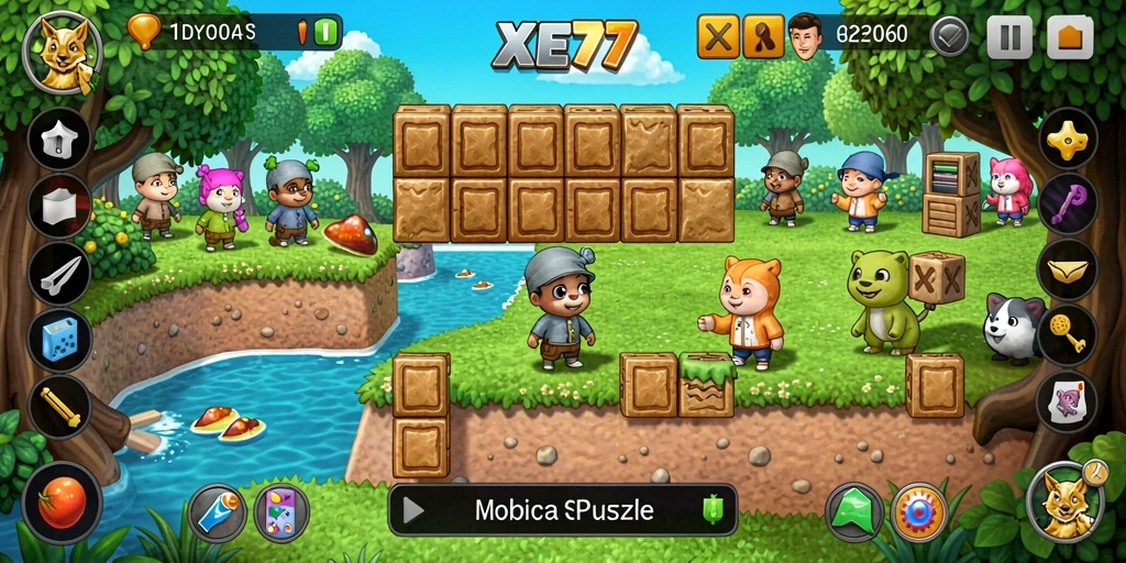 Tampilan gameplay XE77 dengan berbagai teka-teki menantang.